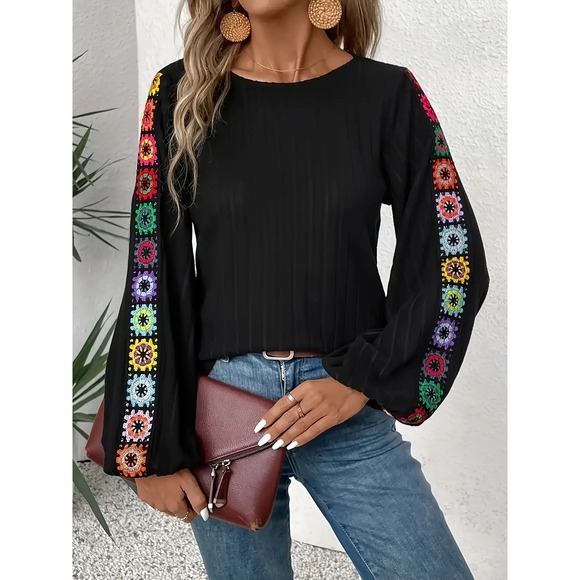 Unbranded Tops - Unbranded Black Crochet Rainbow Floral Sleeve Top Boho Ribbed Balloon Sleeve S